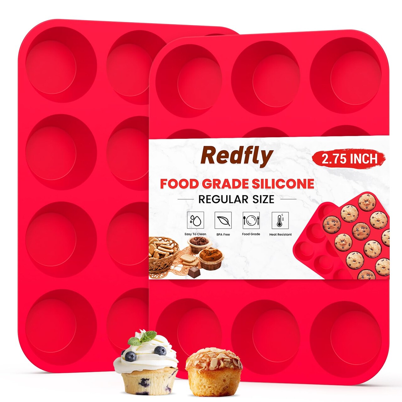 2 Pack Silicone Muffin Pans for Baking & Cupcake Pan - 12 Cup Regular Size Silicone Molds, BPA Free Egg Bites Mold